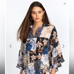 Johnny Was Leo Patchwork Silk Button Down Boho Top
